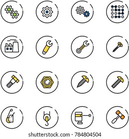 line vector icon set - gear vector, circuit, plant, wrench, screw, bolt, nut, winch, laser lever, toy hammer