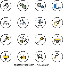 line vector icon set - gear vector, water power plant, conveyor, casting of steel, side cutters, screw, rivet, wood drill, milling cutter, crown, machine tool, cocncrete mixer, winch