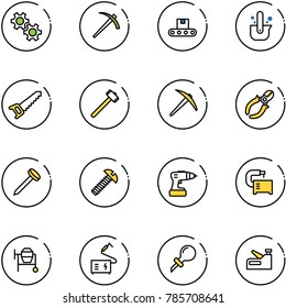 line vector icon set - gear vector, job, conveyor, casting of steel, saw, sledgehammer, axe, side cutters, nail, screw, drill, machine tool, cocncrete mixer, welding, oiler, stapler