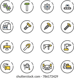 line vector icon set - gear vector, work, conveyor, plant, bolt, screw, milling cutter, tile drill, machine, tool, cocncrete mixer, sharpening, excavator toy