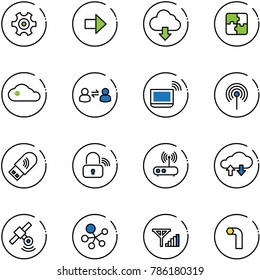 line vector icon set - gear vector, right arrow, download cloud, puzzle, information exchange, notebook wi fi, antenna, usb, wireless lock, router, data, satellite, molecule, fine signal, allen key