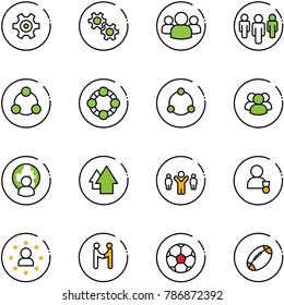 line vector icon set - gear vector, group, social, friends, community, man globe, arrow up, team leader, winner, star, agreement, soccer ball, football