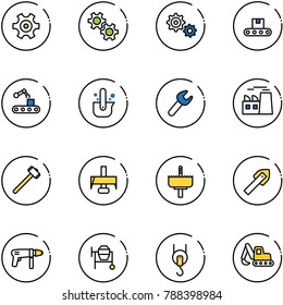 line vector icon set - gear vector, conveyor, casting of steel, wrench, plant, sledgehammer, milling cutter, crown drill, tile, machine, cocncrete mixer, winch, excavator toy