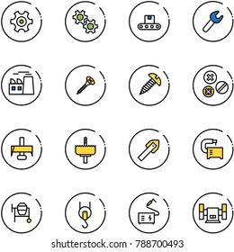 line vector icon set - gear vector, conveyor, wrench, plant, screw, rivet, milling cutter, crown drill, tile, machine tool, cocncrete mixer, winch, welding, sharpening