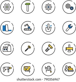 line vector icon set - gear vector, work, water power plant, conveyor, casting of steel, wrench, screw, bolt, milling cutter, drill machine, jig saw, cocncrete mixer, excavator toy