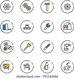 line vector icon set - gear vector, work, water power plant, conveyor, wrench, rivet, wood drill, jig saw, cocncrete mixer, winch, welding