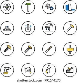 line vector icon set - gear vector, work, water power plant, conveyor, casting of steel, hammer, screw, drill, crown, cocncrete mixer, winch, stapler