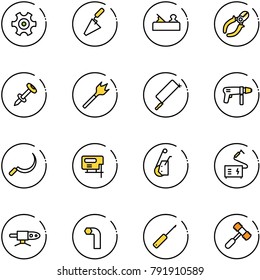line vector icon set - gear vector, trowel, jointer, side cutters, nail dowel, wood drill, metal hacksaw, machine, sickle, jig saw, winch, welding, pipe, allen key, awl, toy hammer
