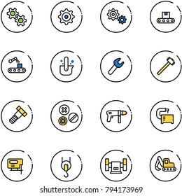 line vector icon set - gear vector, conveyor, casting of steel, wrench, sledgehammer, bolt, rivet, drill machine, tool, jig saw, winch, sharpening, excavator toy