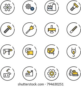 line vector icon set - gear vector, plant, bolt, screw, wood drill, milling cutter, machine, tool, jig saw, winch, welding, stapler, excavator toy