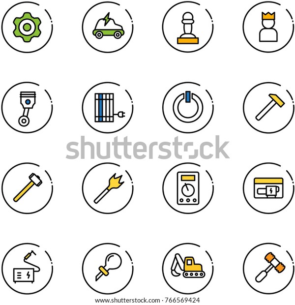 line\
vector icon set - gear vector, electric car, pawn, king, piston,\
sun panel, standby button, hammer, sledgehammer, wood drill,\
multimeter, generator, welding, oiler, excavator\
toy