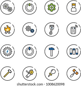 line vector icon set - gears vector, standby, gear, king, fire, piston, remote control, sun power, button, hammer, battery, sledgehammer, Angular grinder, oiler, toy