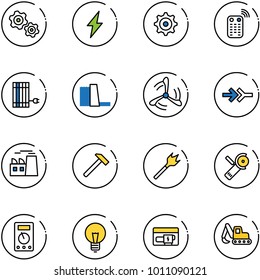 line vector icon set - gears vector, lightning, gear, remote control, sun panel, water power plant, wind mill, connect, hammer, wood drill, Angular grinder, multimeter, bulb, generator