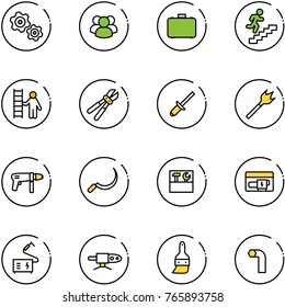 line vector icon set - gears vector, group, case, career, opportunity, bolt cutter, clinch, wood drill, machine, sickle, tool box, generator, welding, pipe, brush, allen key