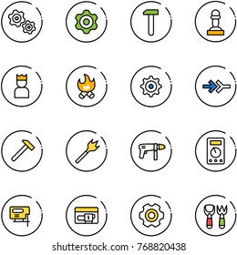 line vector icon set - gears vector, gear, work, pawn, king, fire, connect, hammer, wood drill, machine, multimeter, jig saw, generator, shovel fork toy