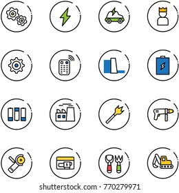 line vector icon set - gears vector, lightning, electric car, king, gear, remote control, water power plant, battery, wood drill, machine, Angular grinder, generator, shovel fork toy, excavator