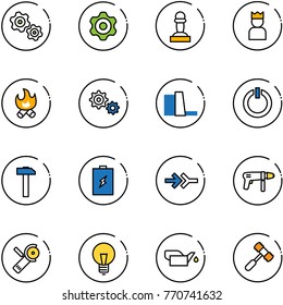 line vector icon set - gears vector, gear, pawn, king, fire, water power plant, standby button, hammer, battery, connect, drill machine, Angular grinder, bulb, oiler, toy