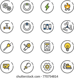 line vector icon set - gears vector, standby, lightning, fire, gyroscope, button, battery, wind mill, wood drill, Angular grinder, multimeter, bulb, jig saw, oiler, gear, excavator toy