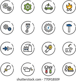 line vector icon set - gears vector, gear, electric car, fire, piston, sun power, hammer, connect, plant, Angular grinder, welding, oiler, shovel fork toy, excavator
