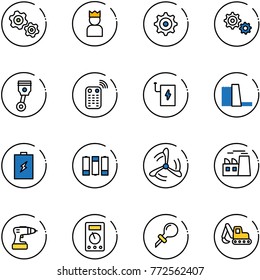 line vector icon set - gears vector, king, gear, piston, remote control, power bank, water plant, battery, wind mill, drill, multimeter, oiler, excavator toy