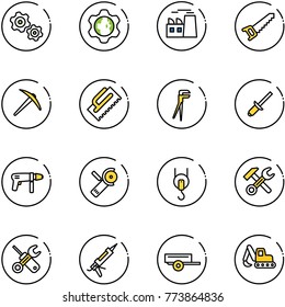 line vector icon set - gears vector, gear globe, plant, saw, axe, trowel, plumber, clinch, drill machine, Angular grinder, winch, wrench hammer, screwdriver, gun sealant, trailer, excavator toy