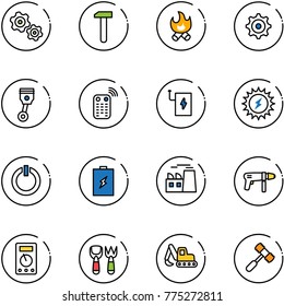line vector icon set - gears vector, work, fire, gear, piston, remote control, power bank, sun, standby button, battery, plant, drill machine, multimeter, shovel fork toy, excavator, hammer