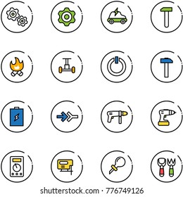 line vector icon set - gears vector, gear, electric car, work, fire, gyroscope, standby button, hammer, battery, connect, drill machine, multimeter, jig saw, oiler, shovel fork toy