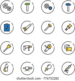 line vector icon set - gears vector, work, gear, hammer, battery, saw, nail, dowel, wood drill, machine, Angular grinder, tool, winch, pipe welding, oiler, gun sealant