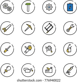 line vector icon set - gears vector, work, gear, battery, saw, axe, bucksaw, wrench, clinch, Angular grinder, cocncrete mixer, winch, oiler, stapler, gun sealant