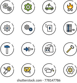 line vector icon set - gears vector, gear, electric car, fire, power bank, sun panel, hammer, connect, plant, sledgehammer, Angular grinder, jig saw, oiler