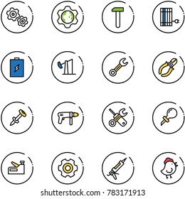 line vector icon set - gears vector, gear globe, work, sun panel, battery, oil derrick, wrench, side cutters, nail dowel, drill machine, screwdriver, oiler, stapler, gun sealant, chicken toy