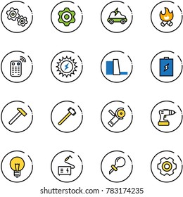 line vector icon set - gears vector, gear, electric car, fire, remote control, sun power, water plant, battery, hammer, sledgehammer, Angular grinder, drill, bulb, welding, oiler