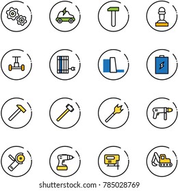 line vector icon set - gears vector, electric car, work, pawn, gyroscope, sun panel, water power plant, battery, hammer, sledgehammer, wood drill, machine, Angular grinder, jig saw, excavator toy