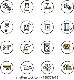 line vector icon set - gears vector, king, gyroscope, gear, piston, remote control, power bank, sun panel, drill machine, multimeter, jig saw, generator, oiler, excavator toy