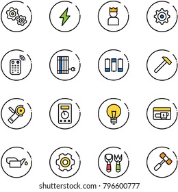 line vector icon set - gears vector, lightning, king, gear, remote control, sun panel, battery, hammer, Angular grinder, multimeter, bulb, generator, oiler, shovel fork toy