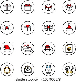 line vector icon set - gift vector, bow, christmas hat, santa sleigh, certificate, diamond ring, mail dollar, toy rabbit, cat