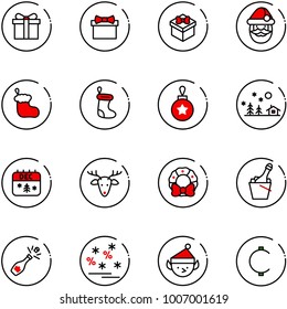 line vector icon set - gift vector, santa claus, christmas sock, ball, landscape, calendar, deer, wreath, champagne, sale, elf, cent