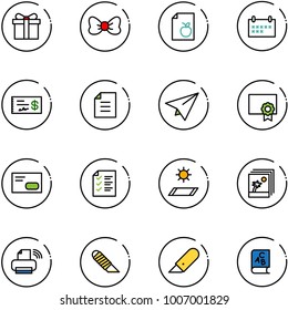 line vector icon set - gift vector, bow, diet list, schedule, check, document, paper plane, certificate, envelope, mat, photo, printer wireless, work knife, abc book