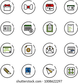 line vector icon set - gift vector, bow, christmas calendar, receipt, finance, clipboard, document, schedule, certificate, mail dollar, terms plan, work knife, abc book, paper plane, cube hole toy