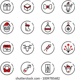 line vector icon set - gift vector, bow, santa claus, christmas sock, ball, calendar, deer, firework rocket, wreath, champagne, mobile, hat
