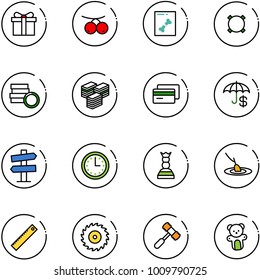 line vector icon set - gift vector, rowanberry, x ray, currency, coin, big cash, credit card, insurance, road signpost sign, time, chess queen, fishing, ruler, saw disk, toy hammer, bear