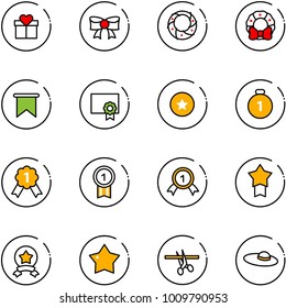 line vector icon set - gift vector, bow, christmas wreath, flag, certificate, star medal, gold, opening, woman hat