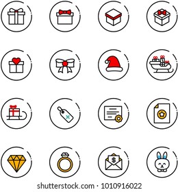 line vector icon set - gift vector, bow, christmas hat, santa sleigh, medical label, certificate, diamond, ring, mail dollar, toy rabbit