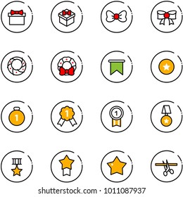 line vector icon set - gift vector, bow, christmas wreath, flag, star medal, gold, opening