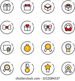 line vector icon set - gift vector, bow, christmas wreath, certificate, gold medal, star