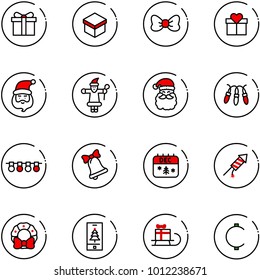 line vector icon set - gift vector, bow, santa claus, garland, bell, christmas calendar, firework rocket, wreath, mobile, sleigh, cent