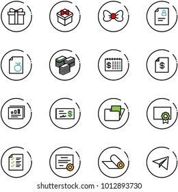 line vector icon set - gift vector, bow, patient card, diet list, big cash, finance calendar, account statement, statistics report, check, folder, certificate, mat, paper plane