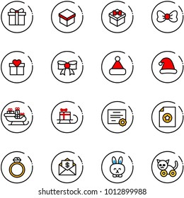 line vector icon set - gift vector, bow, christmas hat, santa sleigh, certificate, diamond ring, mail dollar, toy rabbit, cat