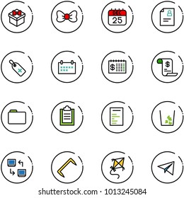line vector icon set - gift vector, bow, 25 dec calendar, patient card, medical label, schedule, finance, account history, folder, clipboard, document, garbage, data exchange, staple, kite