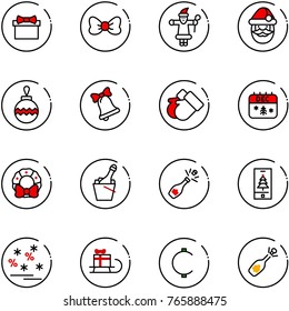 line vector icon set - gift vector, bow, santa claus, christmas ball, bell, gloves, calendar, wreath, champagne, mobile, sale, sleigh, cent, fizz opening